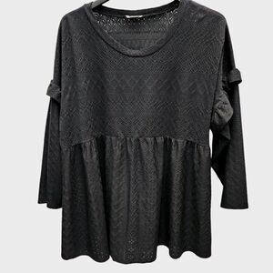 CHICSOUL Eyelet Babydoll Shirt Womens 3X Black 3/4 Sleeves Ruffles Pullover USA